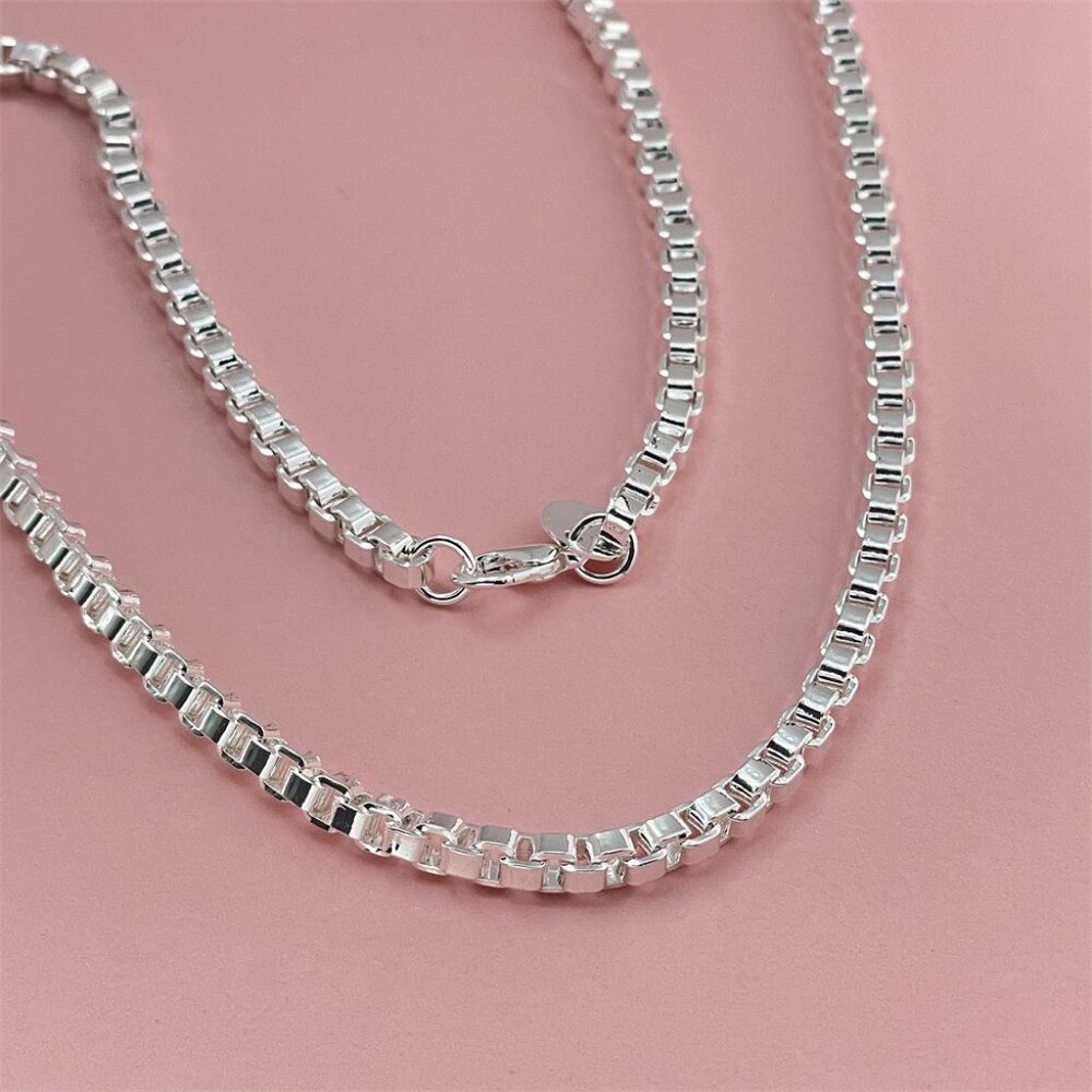 Men's Women's 925 Sterling Silver 4mm Square Box Link Chain Necklace